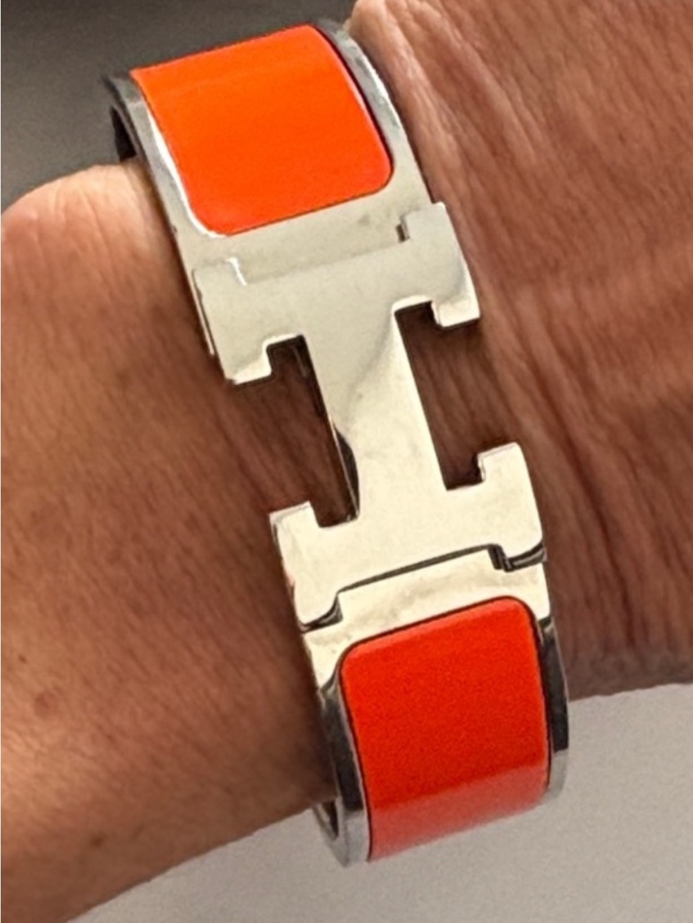 Hermes Orange and Silver Enamel H Bracelet